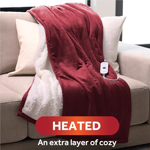 SUNBEAM ROYAL MINK SHERPA HEATED PERSONAL THROW BLANKET - CABERNET - NEW - Like New