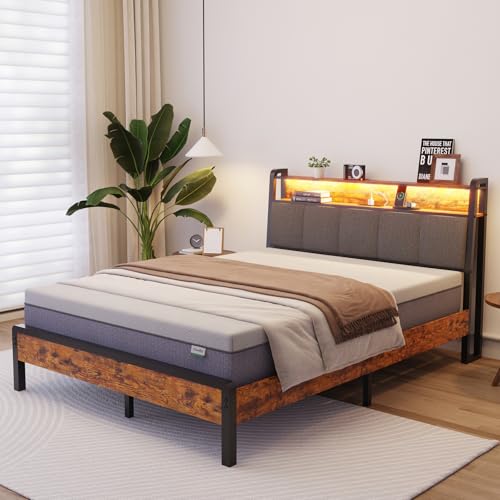 Novilla Full Size Bed Frame Storage Platform RGB Lights Charging Station - Brown - Like New
