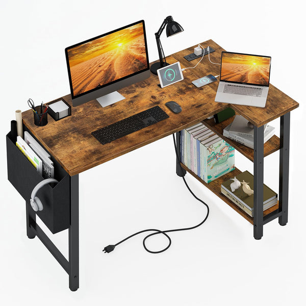 LUFEIYA SMALL L SHAPED DESK POWER OUTLET SHELVES 40 INCH DESK - RUSTIC BROWN - Like New