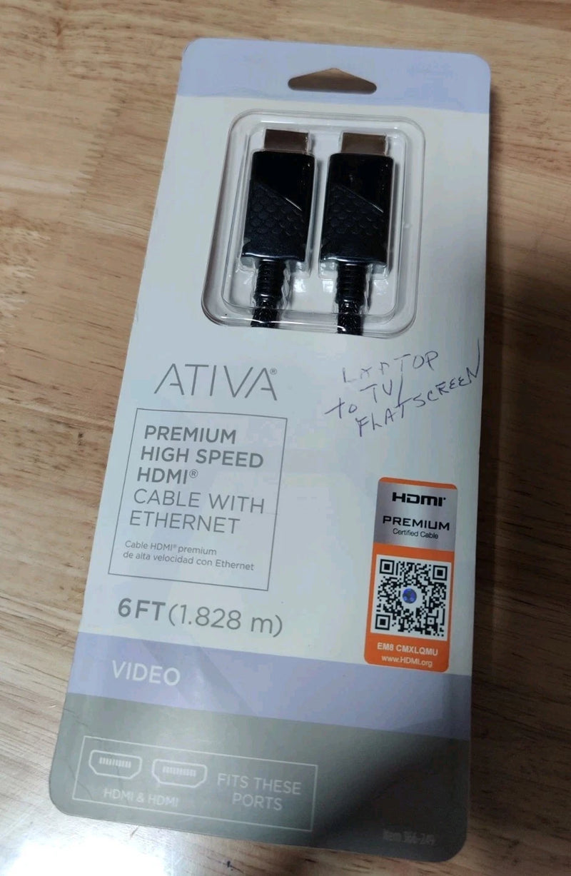 ATIVA HDMI HIGH SPEED CABLE 6FT - BLACK - Brand New