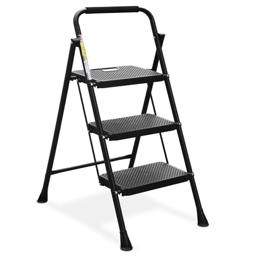 HBTOWER 3 STEP LADDER, FOLDING STEP STOOL, STURDY STEEL LADDER - Scratch & Dent