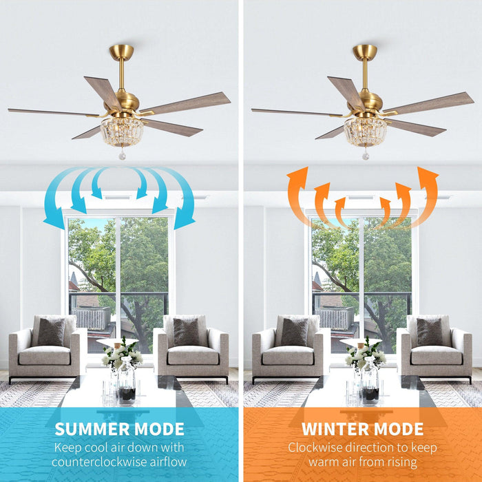 PARROT UNCLE 52" GANGA MODERN DOWNROD MOUNT REVERSIBLE CRYSTAL CEILING FAN, GOLD - Like New