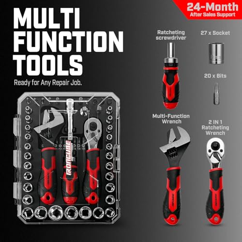IRONCUBE 53-PIECE SOCKET RATCHET WRENCH 20-IN-1 WITH 2-IN-1 WRENCH BLACK/RED - Like New
