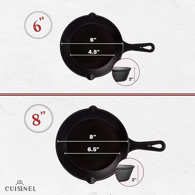 Cuisinel Cast Iron Skillets Set - 4 Piece Chef Pans 6" 8" 10" 12" 4 Heat - Black Like New