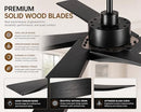 Eupholite 72" Ceiling Fan, Solid Wood Blades, No Light, ELCF72W5BLK02 - Black - Like New