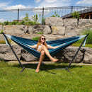 Vivere Double Cotton Hammock with Space Saving Steel Stand - Blue Lagoon - Like New