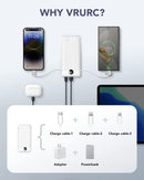 VRURC PORTABLE CHARGER BUILT-IN CABLES AND AC WALL PLUG, USB C 10000MAH - WHITE - Brand New