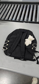 VAVABAG BACKPACK WITH WHITE BEAR KEYCHAIN, TWO MAIN & SIDE POCKETS - BLACK - Brand New