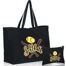 HILLBAN 2 PCS SOFTBALL TOTE HANDBAG MAKEUP BAG OVERSIZE CASUAL CANVAS - BLACK - Like New