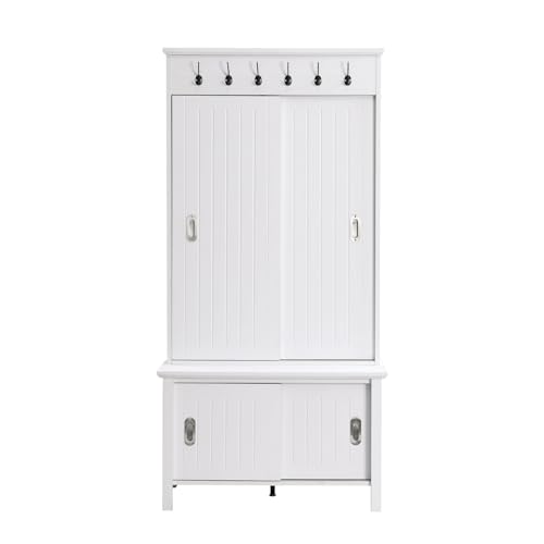 SPOFLYINN MODERN HALL TREE WITH SLIDING DOORS STORAGE CABINET WITH BENCH - WHITE - Like New