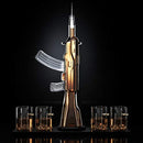 KROWN KITCHEN Gun Whiskey Decanter Set Glasses Coasters Wood Base B08HMS57XB - Brand New
