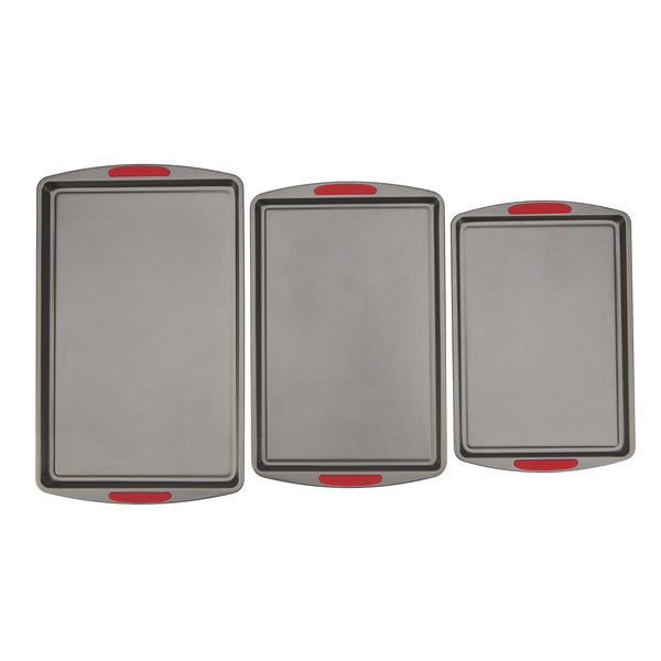 GOODCOOK MEGAGRIP SET OF 3 NONSTICK COOKIE SHEETS, SILICONE HANDLES - GRAY - Brand New