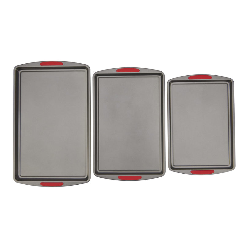 GOODCOOK MEGAGRIP SET OF 3 NONSTICK COOKIE SHEETS, SILICONE HANDLES - GRAY - Brand New