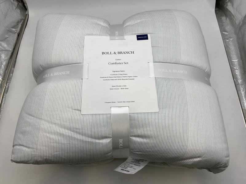 BOLL & BRANCH KING/CAL KING SIGNATURE COMFORTER SETS - FINE STRIPE WHITE/SHORE - Like New
