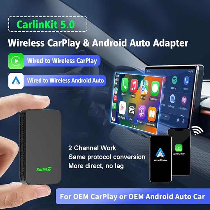 CarlinKit 5.0 Adapter Wired to Wireless CarPlay & Android Auto Adapter - Black New