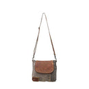 MYRA THE FLAP-OVER UPCYCLED CANVAS AND GENUINE LEATHER CROSSBODY BAG BROWN/GRAY - Brand New