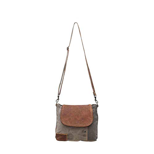 MYRA THE FLAP-OVER UPCYCLED CANVAS AND GENUINE LEATHER CROSSBODY BAG BROWN/GRAY - Brand New