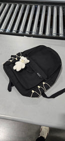 VAVABAG BACKPACK WITH WHITE BEAR KEYCHAIN, TWO MAIN & SIDE POCKETS - BLACK - Brand New
