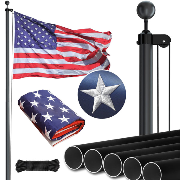 NELXINJO HEAVY DUTY 25FT FLAG POLE EMBROIDERED STARS 3X5 AMERICAN - BLACK - Like New