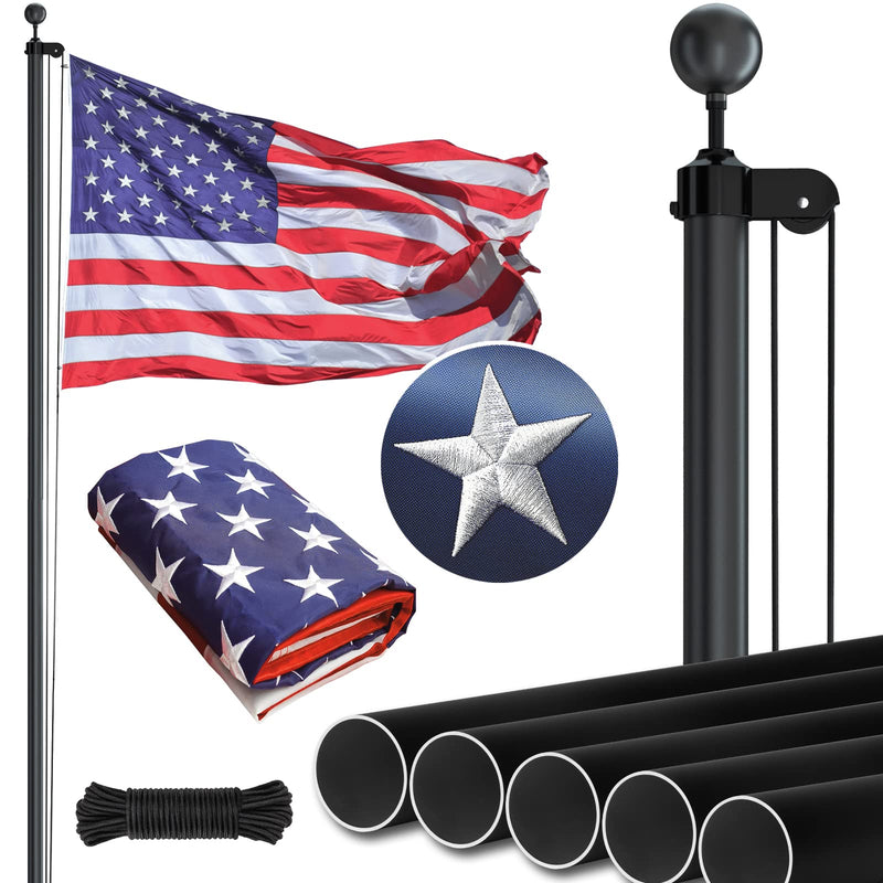 NELXINJO HEAVY DUTY 25FT FLAG POLE EMBROIDERED STARS 3X5 AMERICAN - BLACK - Like New