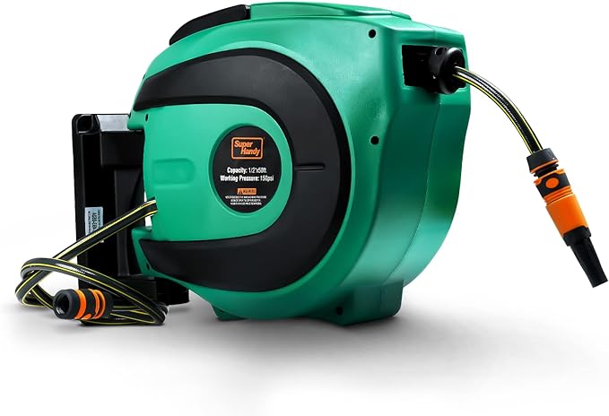SuperHandy Water Hose Reel Retractable 1/2"x50' Feet PRO Flex - Green/Black - Like New