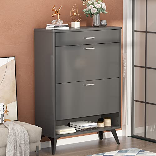 AWQM SHOE CABINET WOODEN FREE STANDING SHOE STORAGE CABINET ENTRYWAY - GREY - Like New