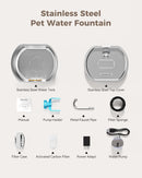 NEAREAL Cat Water Fountain 108oz Drinking 4x Filters + Sponges - Stainless Steel - Like New