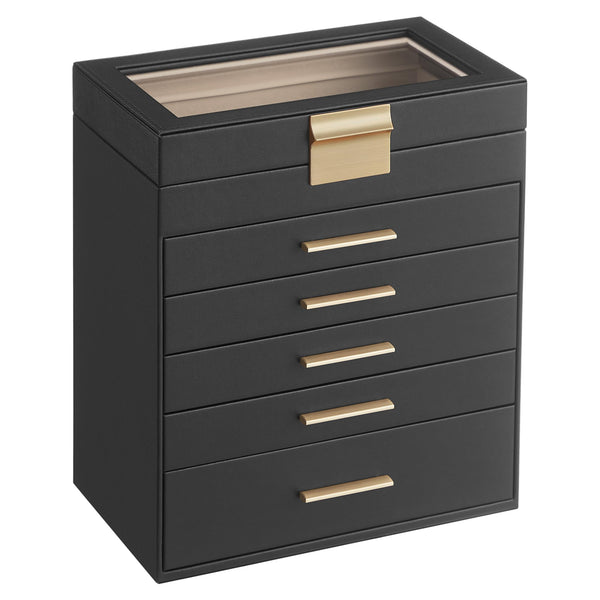 SONGMICS Jewelry Box Organizer with Glass Lid, 6-Layer Jewelry Storage - Black - Like New
