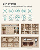 SONGMICS JEWELRY BOX WITH GLASS LID, 4-LAYER JEWELRY ORGANIZER, 3 DRAWERS , GOLD - Like New