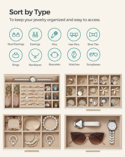 SONGMICS JEWELRY BOX WITH GLASS LID, 4-LAYER JEWELRY ORGANIZER, 3 DRAWERS , GOLD - Like New