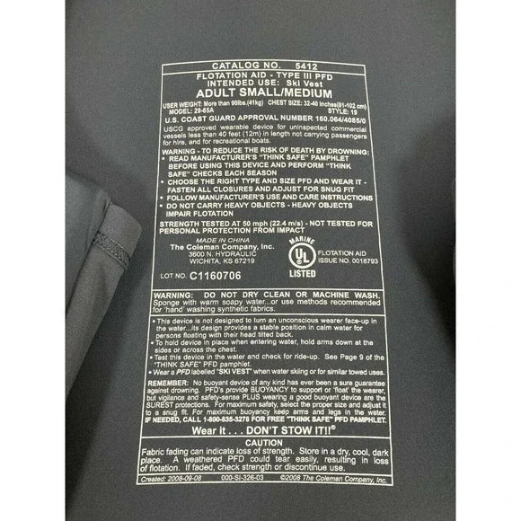 STEARNS FLOTATION AID TYPE III PFD SKI VEST ADULT, S/M, BLACK, 2000022958 - Like New