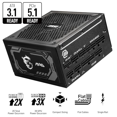MSI MAG A1000GL PCIE 5 Gaming Power Supply - ATX 3.1 & PCIE 5.1 - Like New