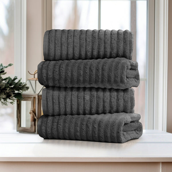 BIBB HOME 4 PACK RIBBED EGYPTIAN COTTON BATH TOWEL SET 27X54 - CHARCOAL GRAY - Brand New