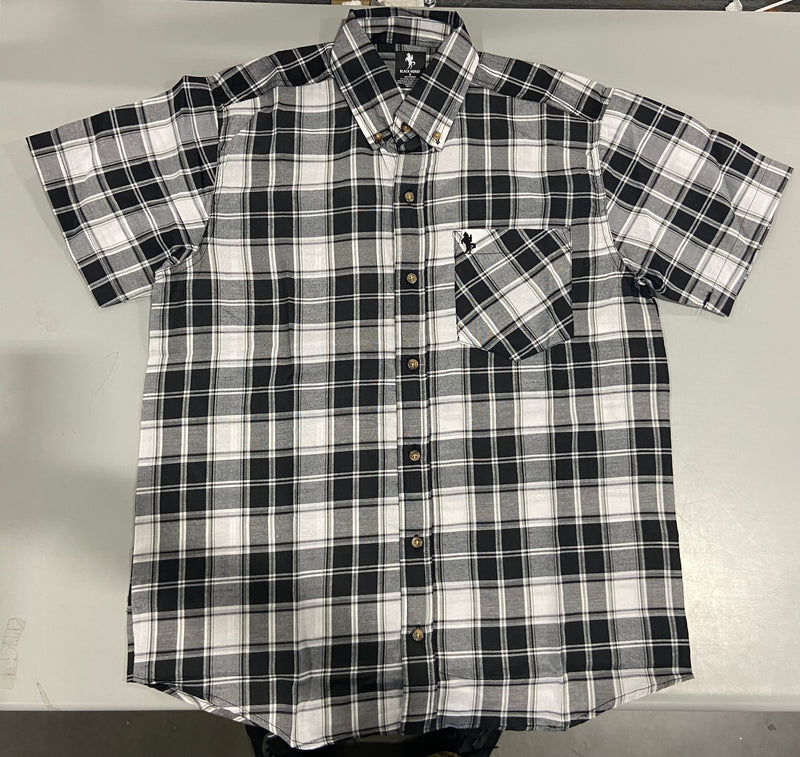 BLACK HORSE MEN'S S/S WOVEN PLAID SHIRT - BLACK AND WHITE MENS SMALL - Brand New
