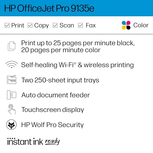 HP OFFICEJET PRO 9135E ALL-IN-ONE PRINTER, COLOR, WIRELESS - WHITE/BLACK - Like New