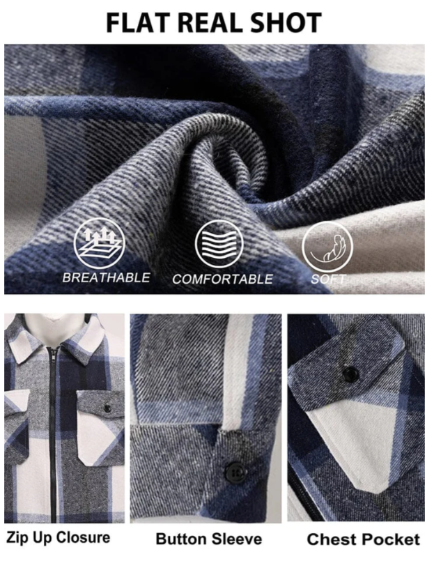 COOFANDY CASUAL FLANNEL PLAID SHIRT JACKET - SIZE: MEN M - GRAY - Brand New