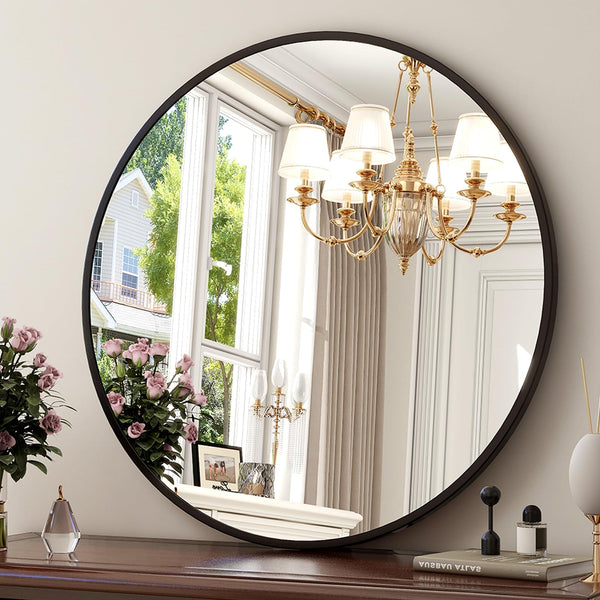 XRAMFY 30 Inch Round Mirror, Matte Black Circular, Easy Install - Black - Like New