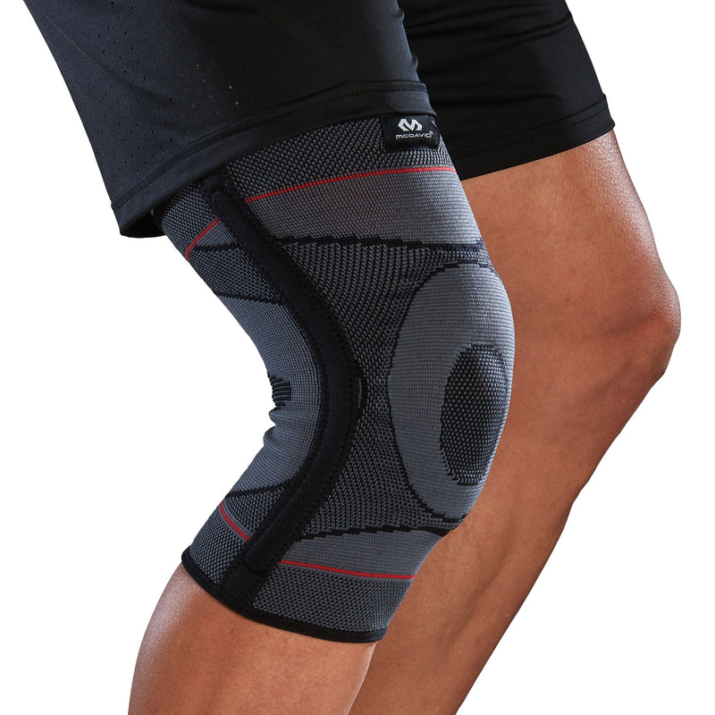 MCDAVID KNEE COMPRESSION KNIT SLEEVE GEL BUTTRESS SMALL/MEDIUM - GRAY/BLACK/RED - Like New