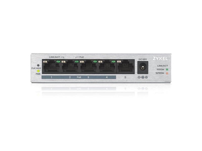 ZyXEL 5 Port Gigabit Ethernet Unmanaged POE+ Switch, 4 x PoE+ @ 60W, GS1005HP