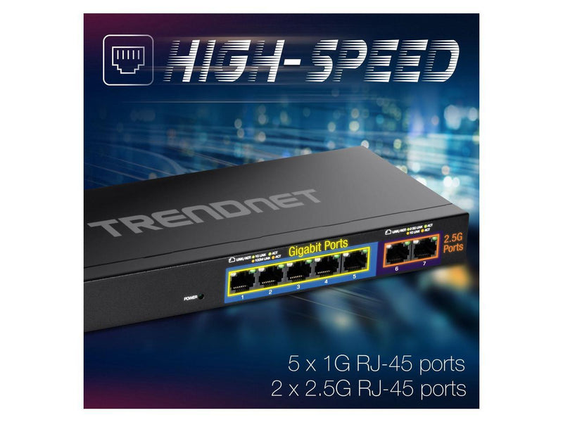 TRENDnet 7-Port Multi-Gig Gaming Switch, TEG-S327, 5 x 1G RJ-45 Base-T Ports, 2