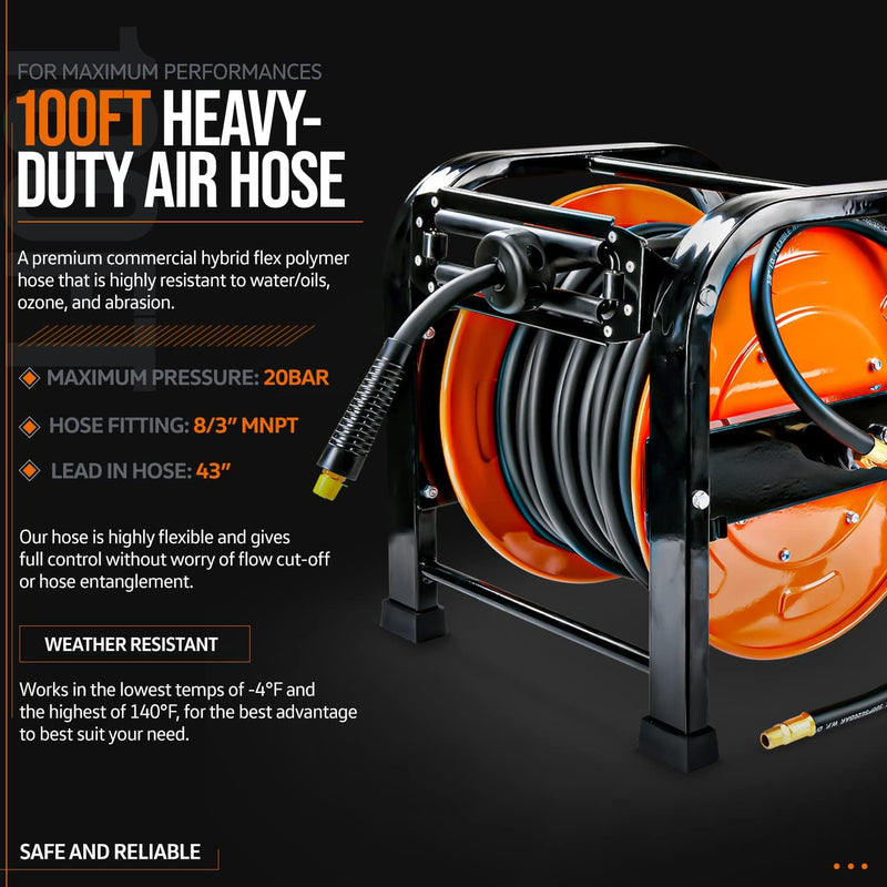 SuperHandy Retractable Air Hose Reel 3/8" x 100 Ft 300 PSI GUR056 - BLACK/ORANGE - Like New