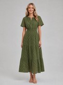 BARN SWALLOW NEW YORK WOMEN’S EYELET A-LINE MIDI DRESS - SIZE: L - OLIVE GREEN - Brand New