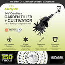 SUN JOE 24V AMP CORDLESS GARDEN TILLER + CULTIVATOR, BATTERY + CHARGER -BLACK - Like New