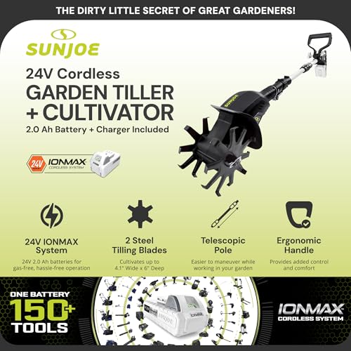 SUN JOE 24V AMP CORDLESS GARDEN TILLER + CULTIVATOR, BATTERY + CHARGER -BLACK - Like New