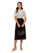 ADRIANNA WOMENS POINTELLE POLO STRIPED SWEATER-V-PLACKET--IVORY/BLACK--L - Brand New