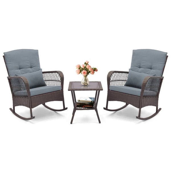 COSTWAY - 3 PCS PATIO ROCKING CHAIRS WITH DOUBLE-LAYER COFFEE TABLE - GRAY - Brand New