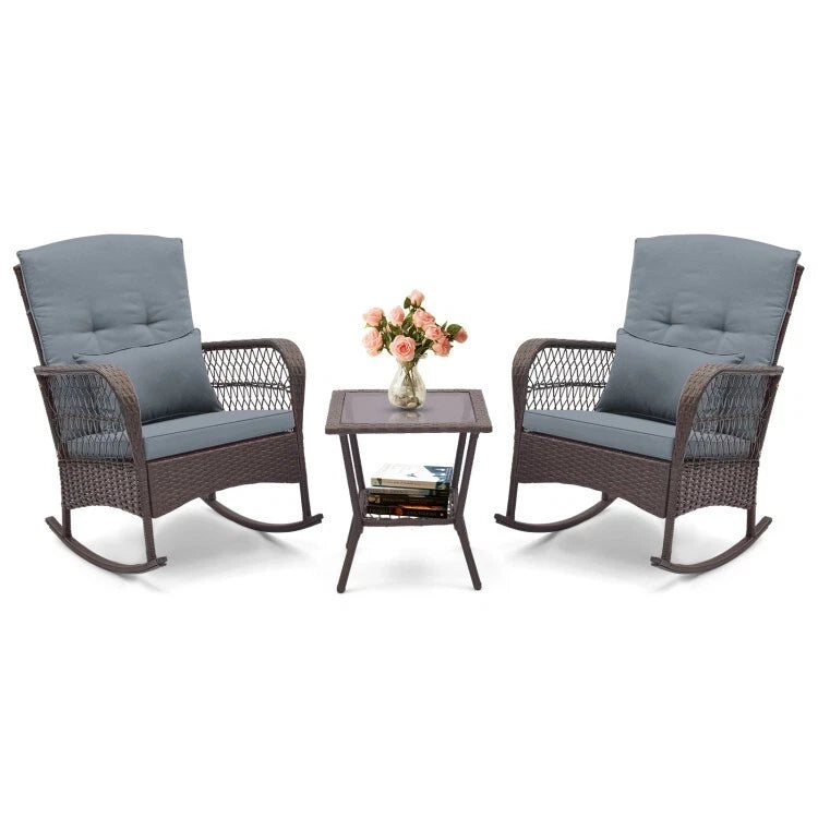 COSTWAY - 3 PCS PATIO ROCKING CHAIRS WITH DOUBLE-LAYER COFFEE TABLE - GRAY - Brand New