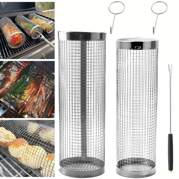 ZSFLZS 2PCS Rolling Grilling Basket Outdoor Network Mesh Cylinder 12.2" + 11.8" - Brand New