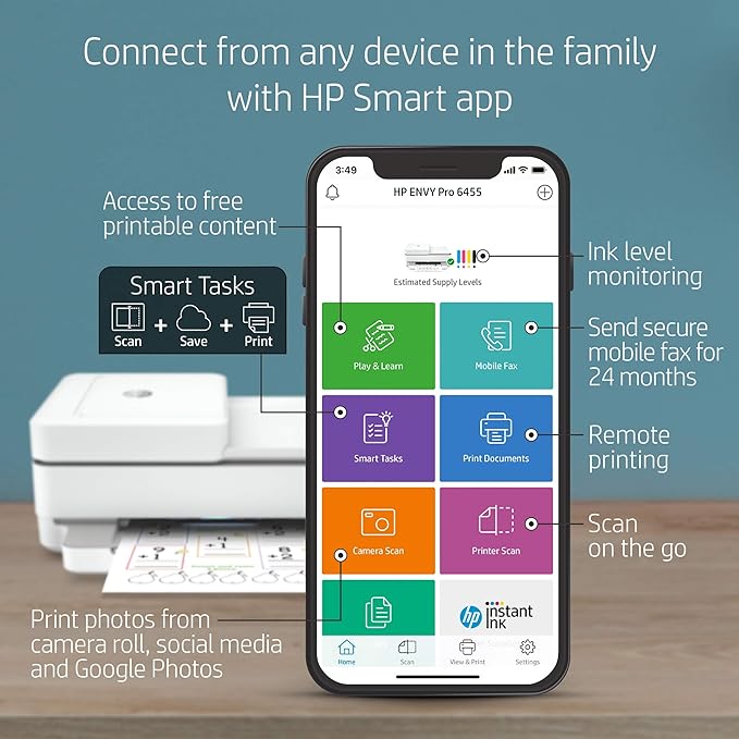 HP ENVY Pro 6455 Wireless All-in-One Printer Mobile Scan 5SE45A-B1F - White - Like New