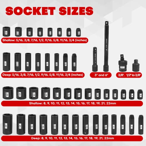 YIYITOOLS 48 PCS 3/8” DRIVE IMPACT SOCKET SET (5/16" TO 3/4" AND 8-22MM) - Like New